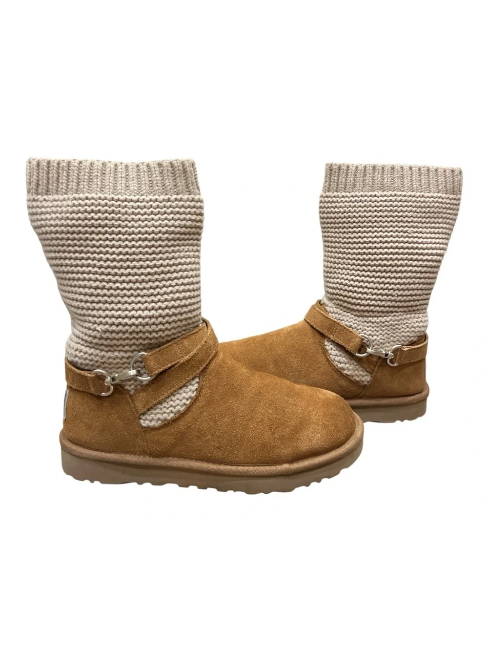 UGG Chestnut Suede Ankle Boots with Cream Knit Shaft  purl sweater knit  Boots 8
